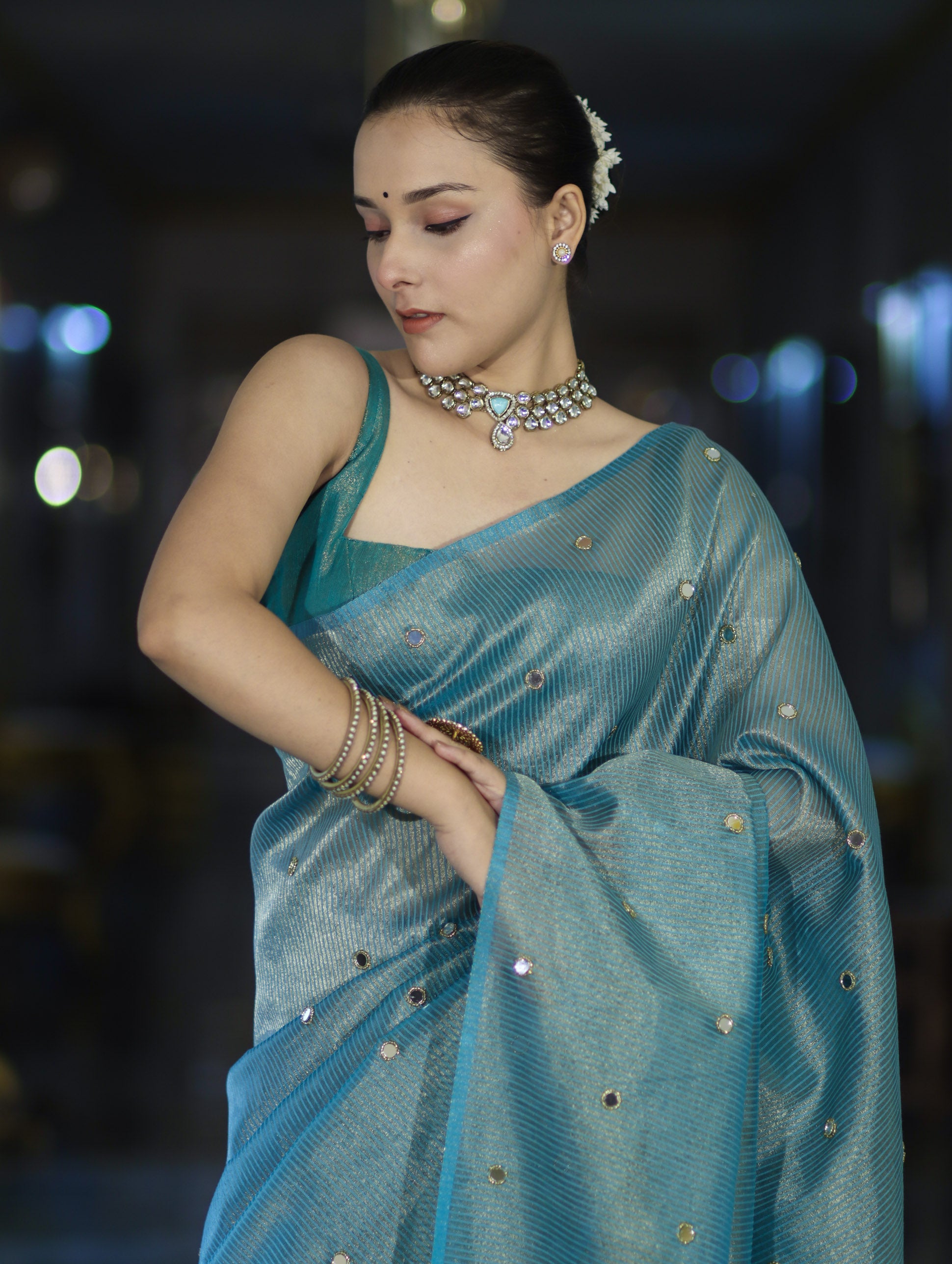 Banarasee Soft Tissue Saree With Hand Embroidered Mirror Work & Zari Stripes Design-Light Blue