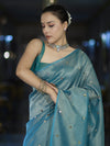 Banarasee Soft Tissue Saree With Hand Embroidered Mirror Work & Zari Stripes Design-Light Blue