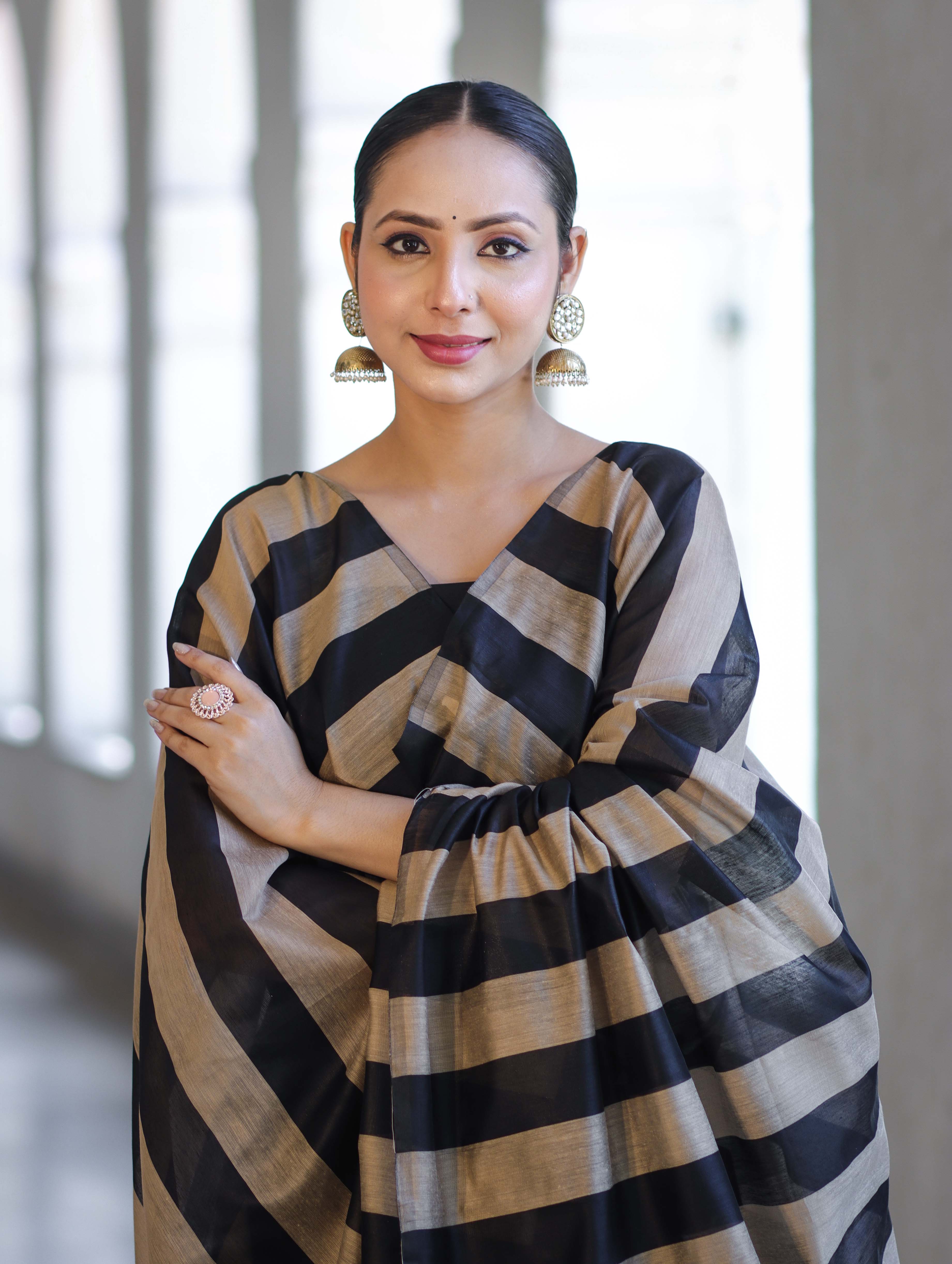Banarasee Cotton Silk Stripe Pattern Salwar Kameez Fabric With Dupatta Set-Black