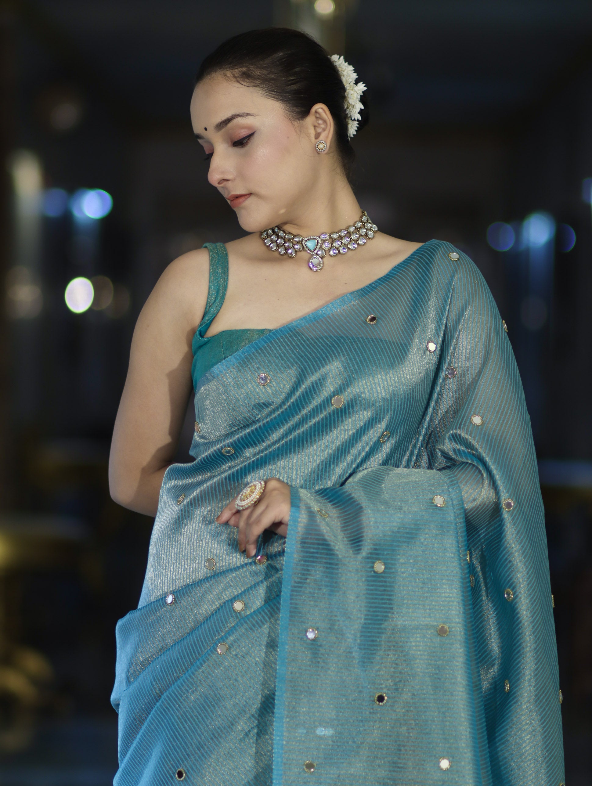 Banarasee Soft Tissue Saree With Hand Embroidered Mirror Work & Zari Stripes Design-Light Blue