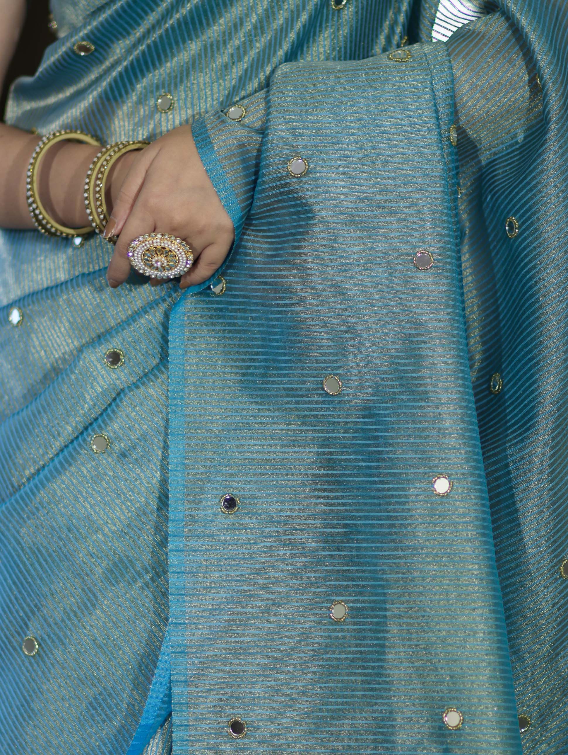 Banarasee Soft Tissue Saree With Hand Embroidered Mirror Work & Zari Stripes Design-Light Blue