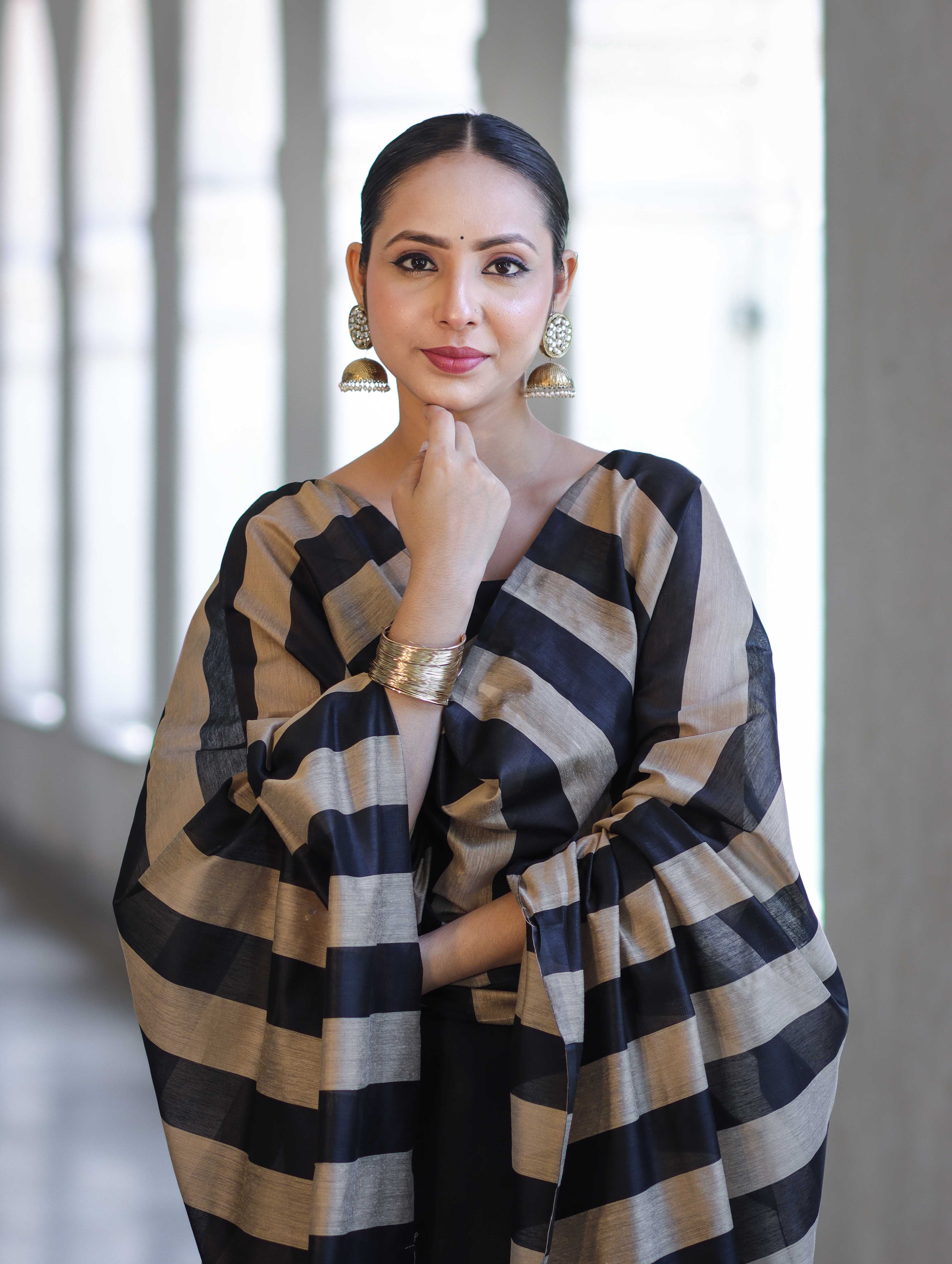 Banarasee Cotton Silk Stripe Pattern Salwar Kameez Fabric With Dupatta Set-Black