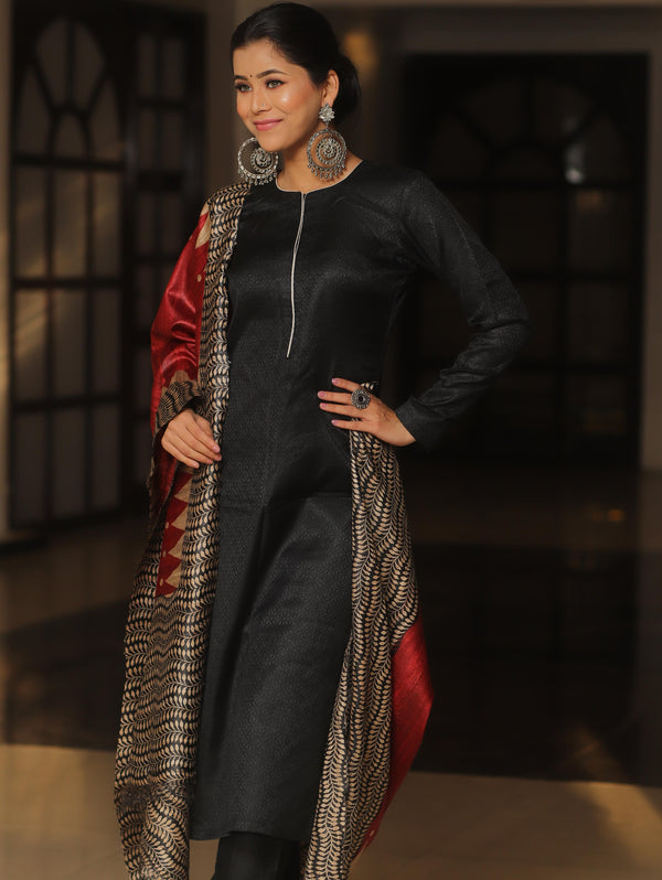 Banarasee Pure Desi Tussar Silk Block Print Dupatta-Red