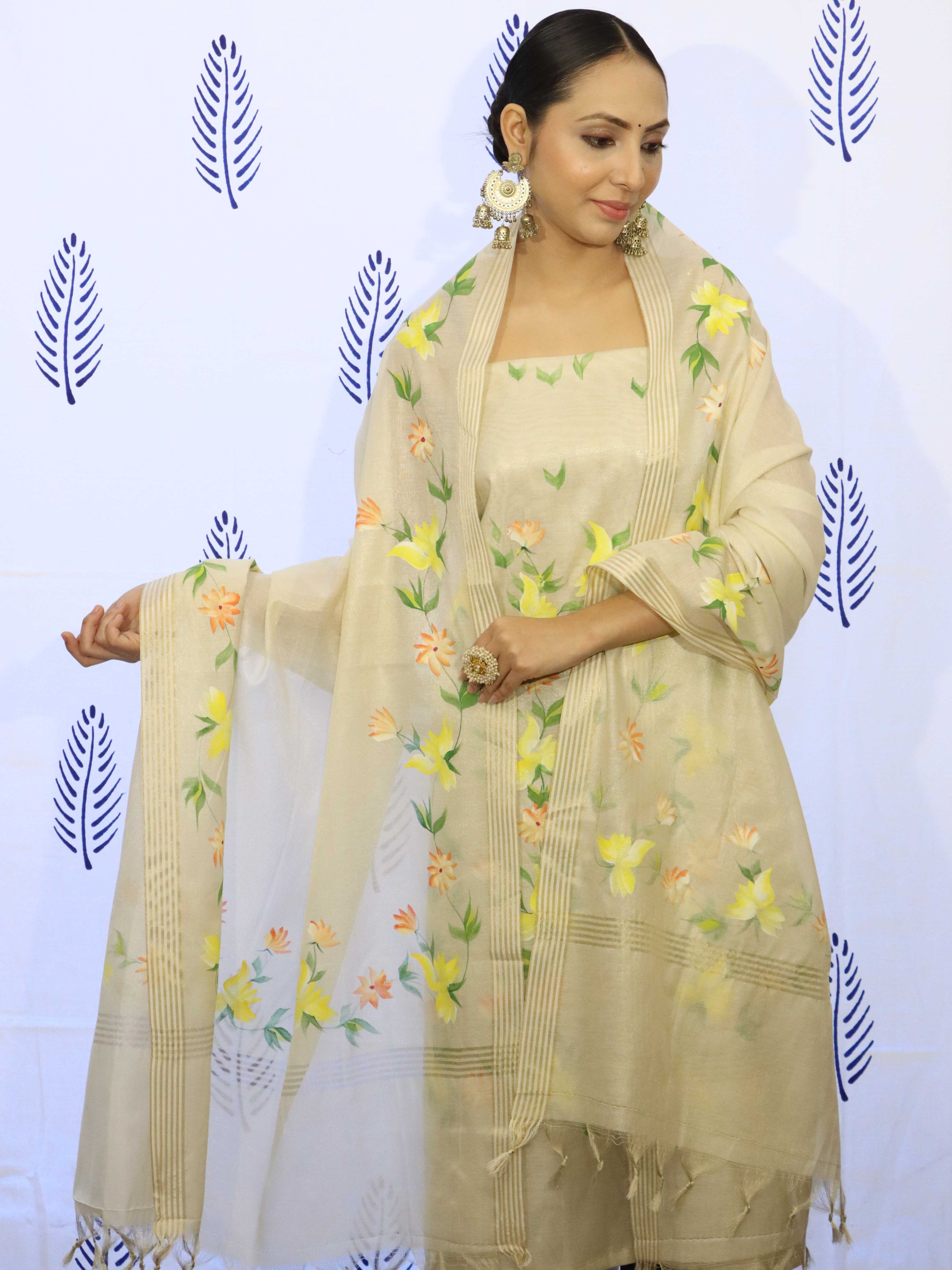 Banarasee Tissue Hand-Painted Salwar Kameez Fabric With Dupatta Set-Beige