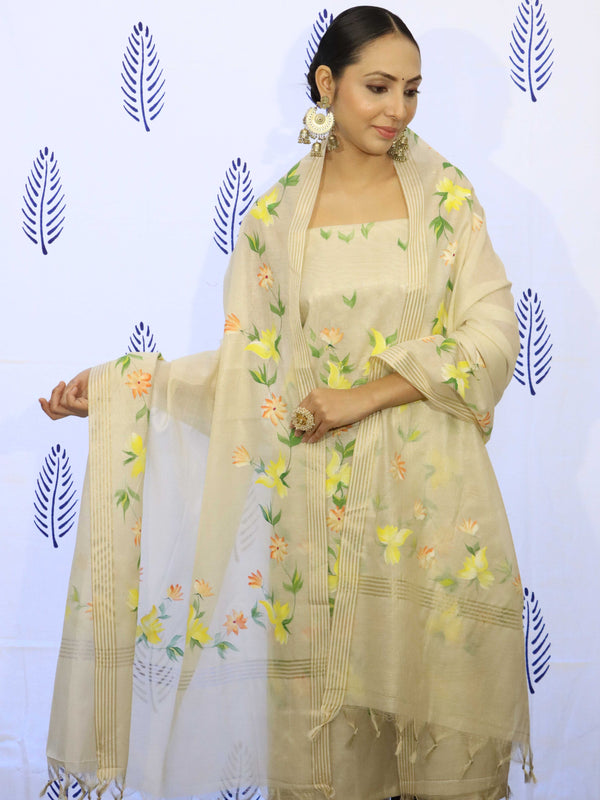 Banarasee Tissue Hand-Painted Salwar Kameez Fabric With Dupatta Set-Beige