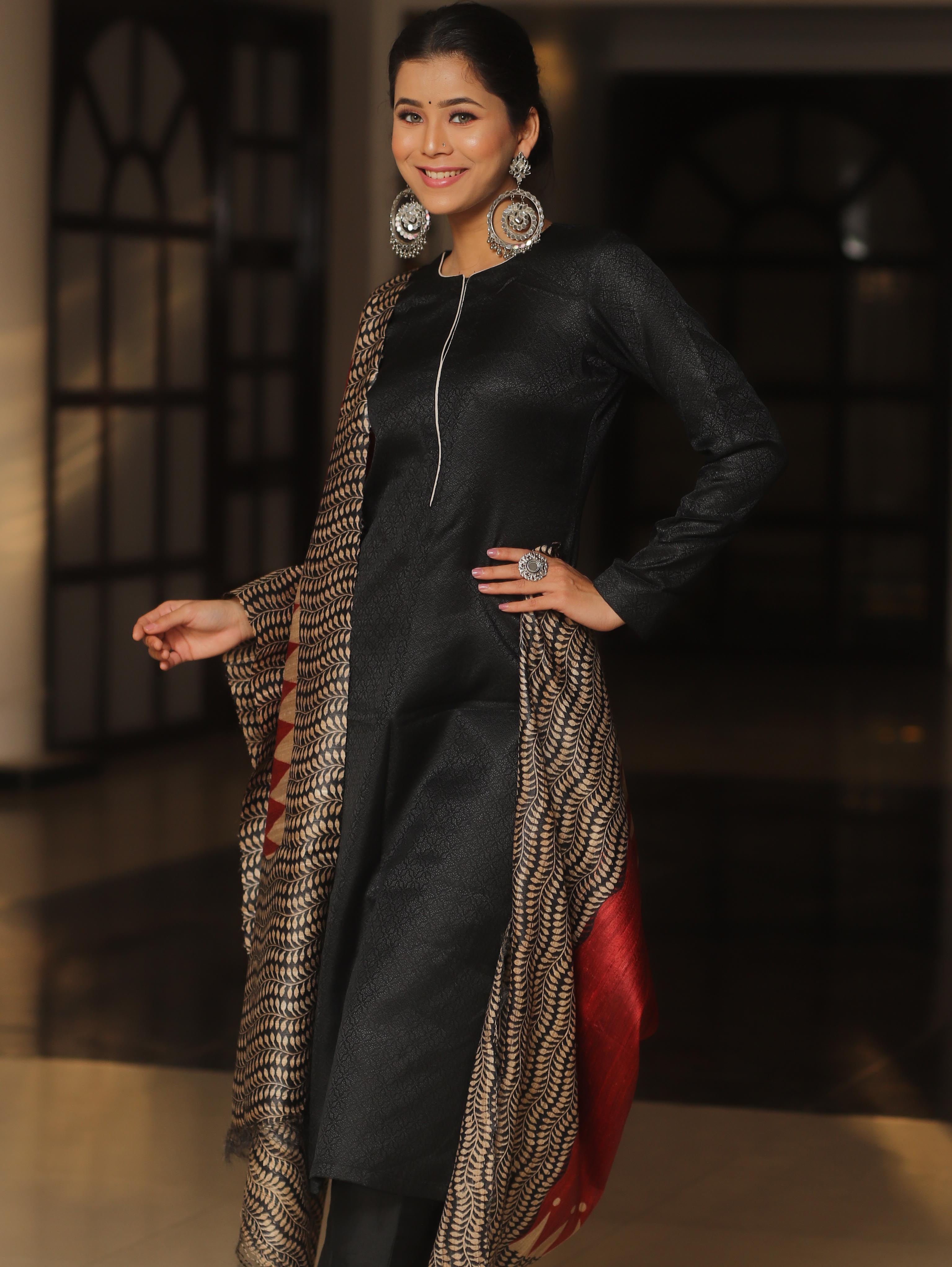 Banarasee Pure Desi Tussar Silk Block Print Dupatta-Red