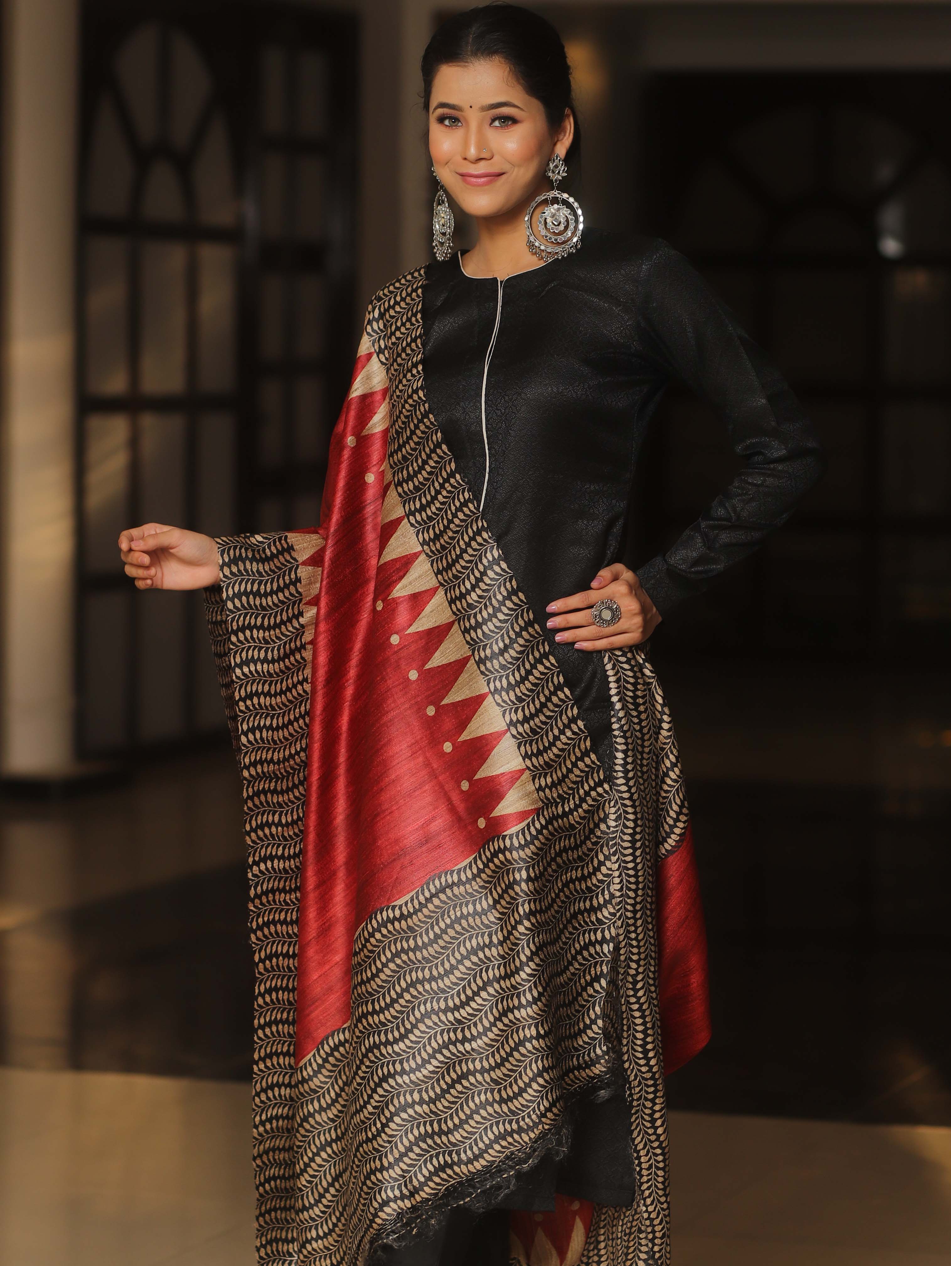 Banarasee Pure Desi Tussar Silk Block Print Dupatta-Red