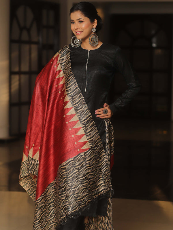 Banarasee Pure Desi Tussar Silk Block Print Dupatta-Red