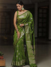 Banarasee Handwoven Semi Silk Saree With Zari Buti Design-Heena Green
