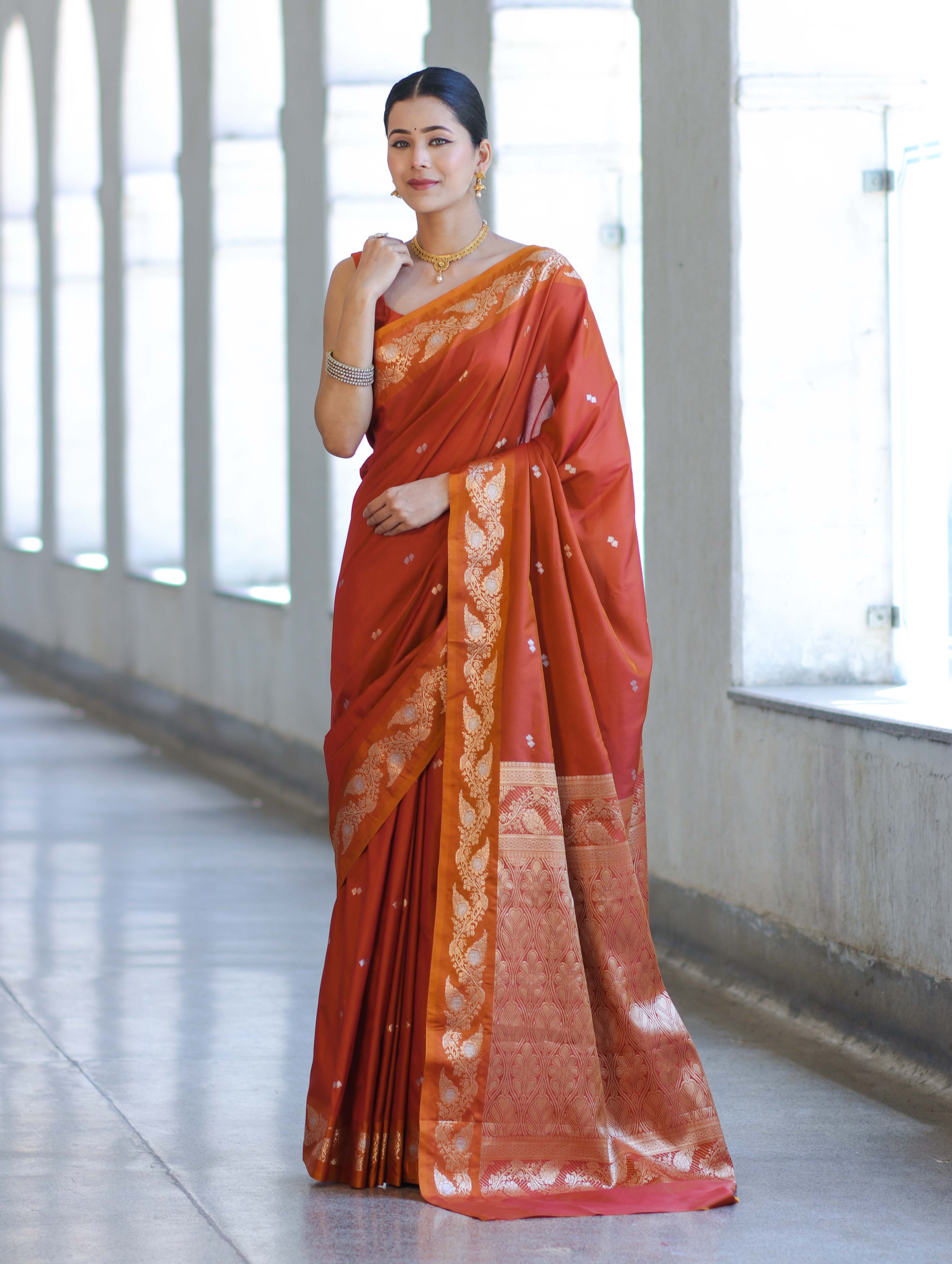 Banarasee Handloom Semi Silk Saree With Sona Rupa Zari Buti Design & Floral Border-Rust