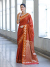Banarasee Handloom Semi Silk Saree With Sona Rupa Zari Buti Design & Floral Border-Rust