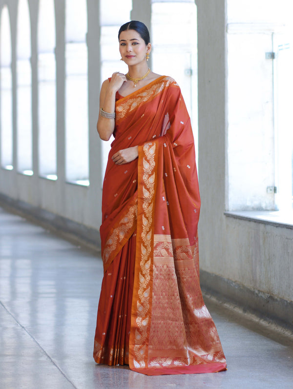 Banarasee Handloom Semi Silk Saree With Sona Rupa Zari Buti Design & Floral Border-Rust