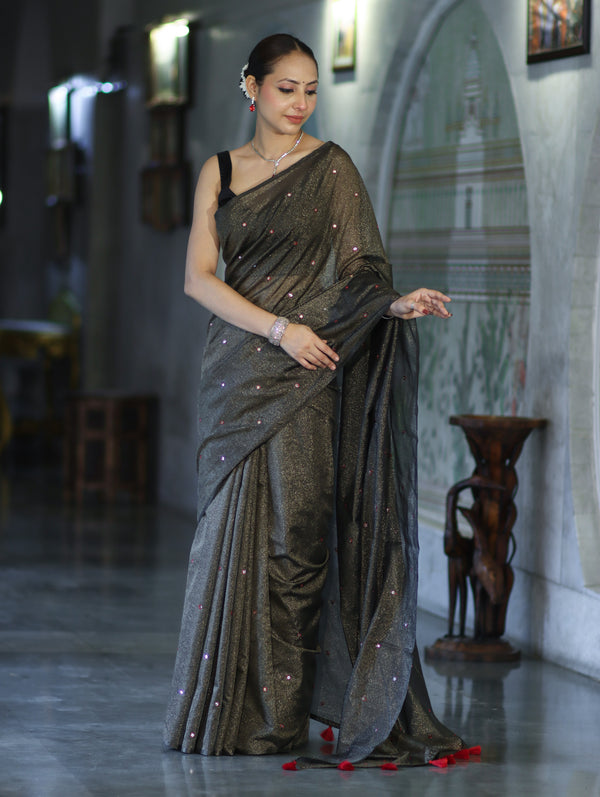 Banarasee Handwoven Semi Silk Shine Saree With Mirror Work-Black (Gold Tone)
