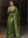 Banarasee Handwoven Semi Silk Saree With Zari Buti Design-Heena Green
