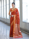 Banarasee Handloom Semi Silk Saree With Sona Rupa Zari Buti Design & Floral Border-Rust