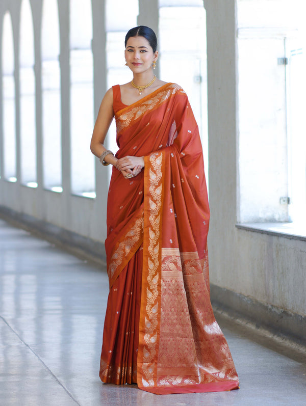 Banarasee Handloom Semi Silk Saree With Sona Rupa Zari Buti Design & Floral Border-Rust