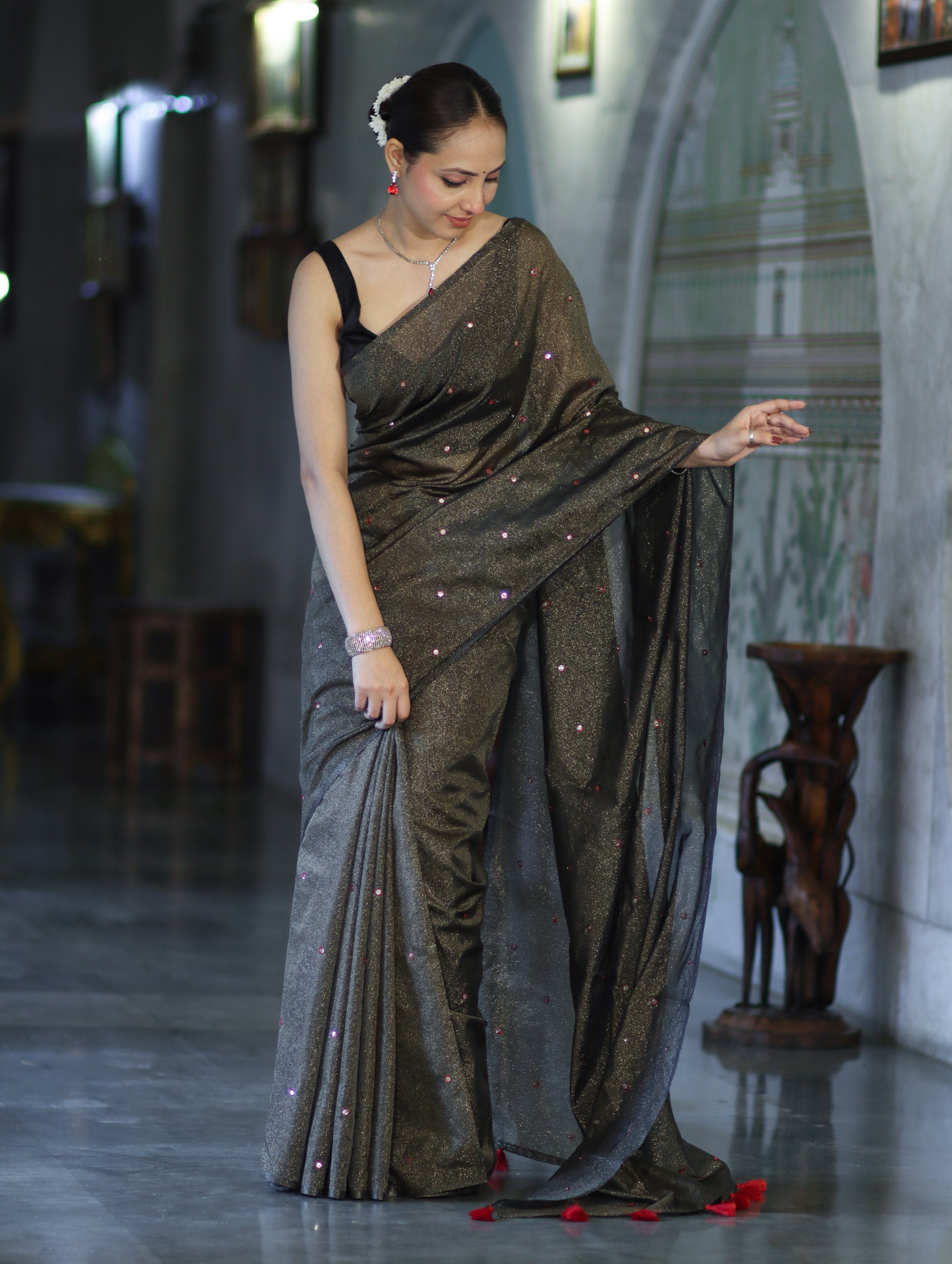 Banarasee Handwoven Semi Silk Shine Saree With Mirror Work-Black (Gold Tone)