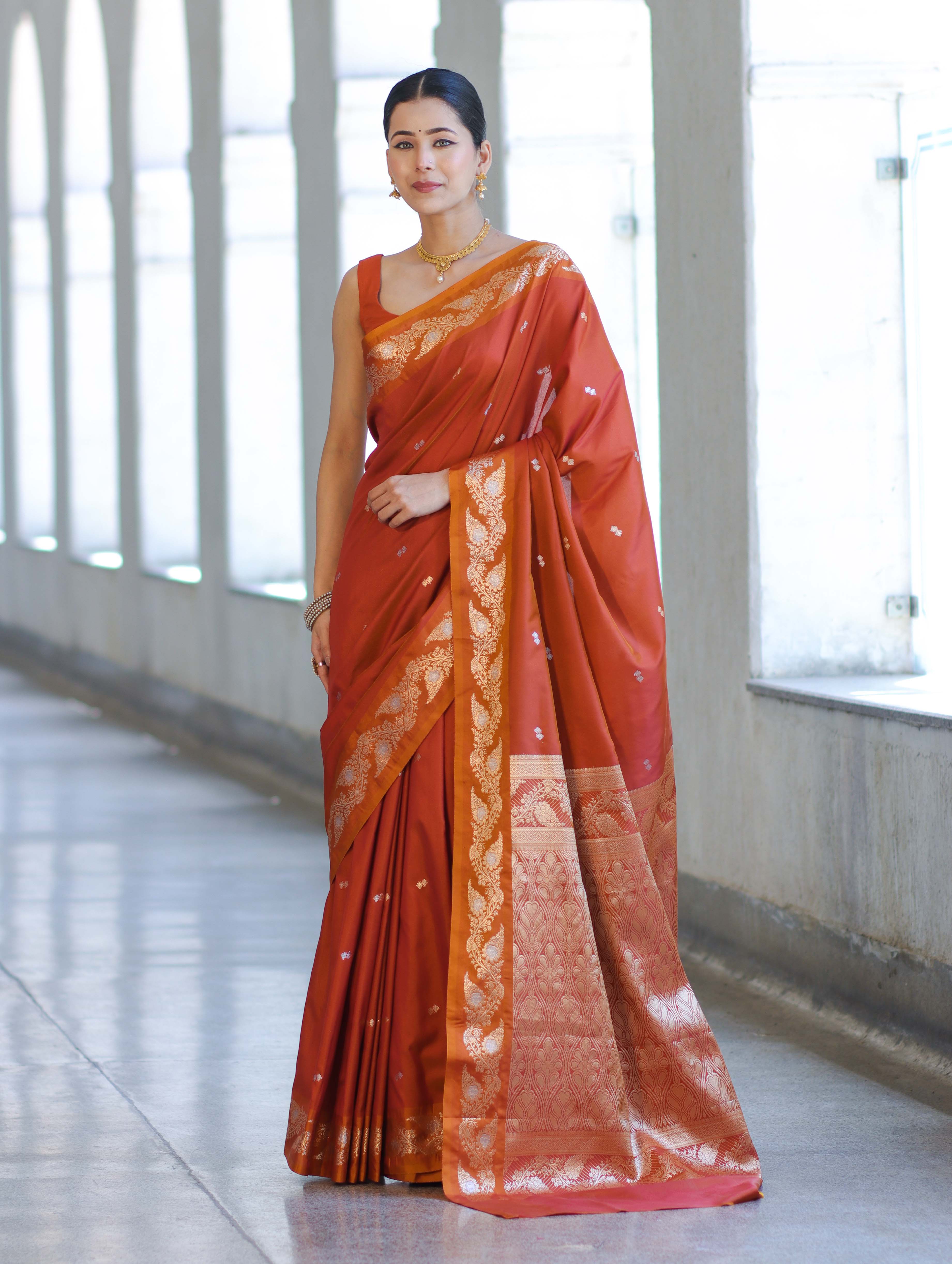 Banarasee Handloom Semi Silk Saree With Sona Rupa Zari Buti Design & Floral Border-Rust