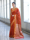 Banarasee Handloom Semi Silk Saree With Sona Rupa Zari Buti Design & Floral Border-Rust