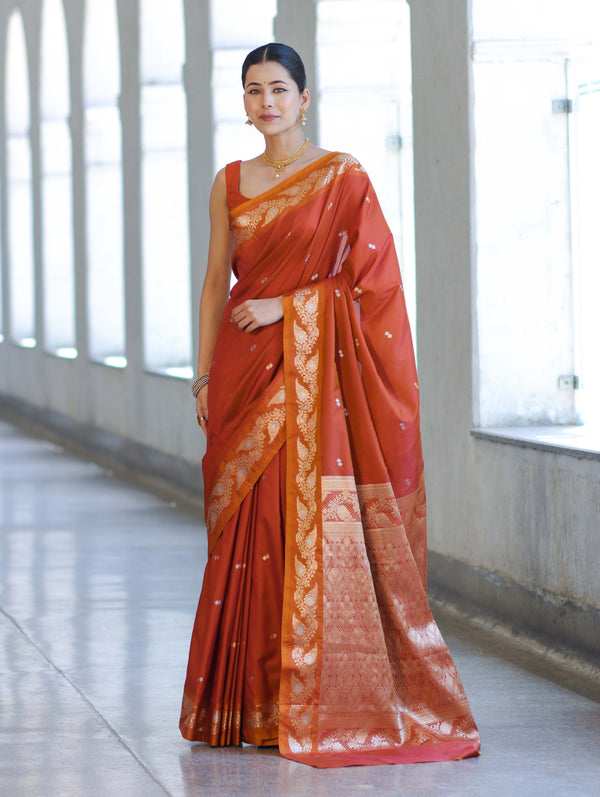 Banarasee Handloom Semi Silk Saree With Sona Rupa Zari Buti Design & Floral Border-Rust