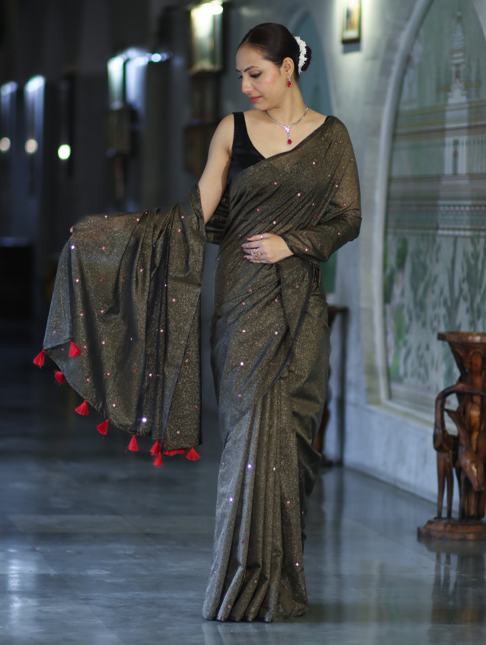 Banarasee Handwoven Semi Silk Shine Saree With Mirror Work-Black (Gold Tone)