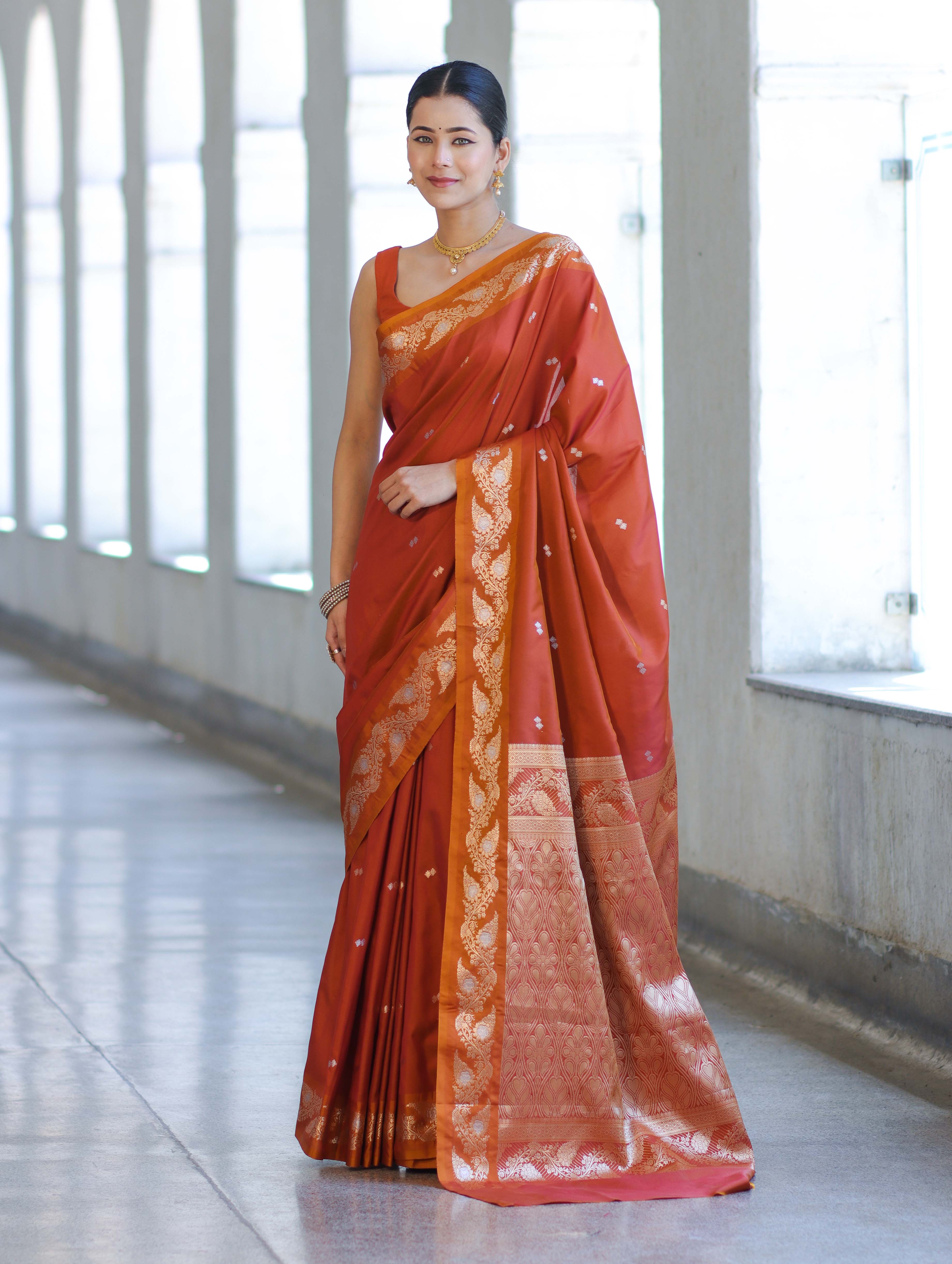 Banarasee Handloom Semi Silk Saree With Sona Rupa Zari Buti Design & Floral Border-Rust