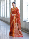 Banarasee Handloom Semi Silk Saree With Sona Rupa Zari Buti Design & Floral Border-Rust