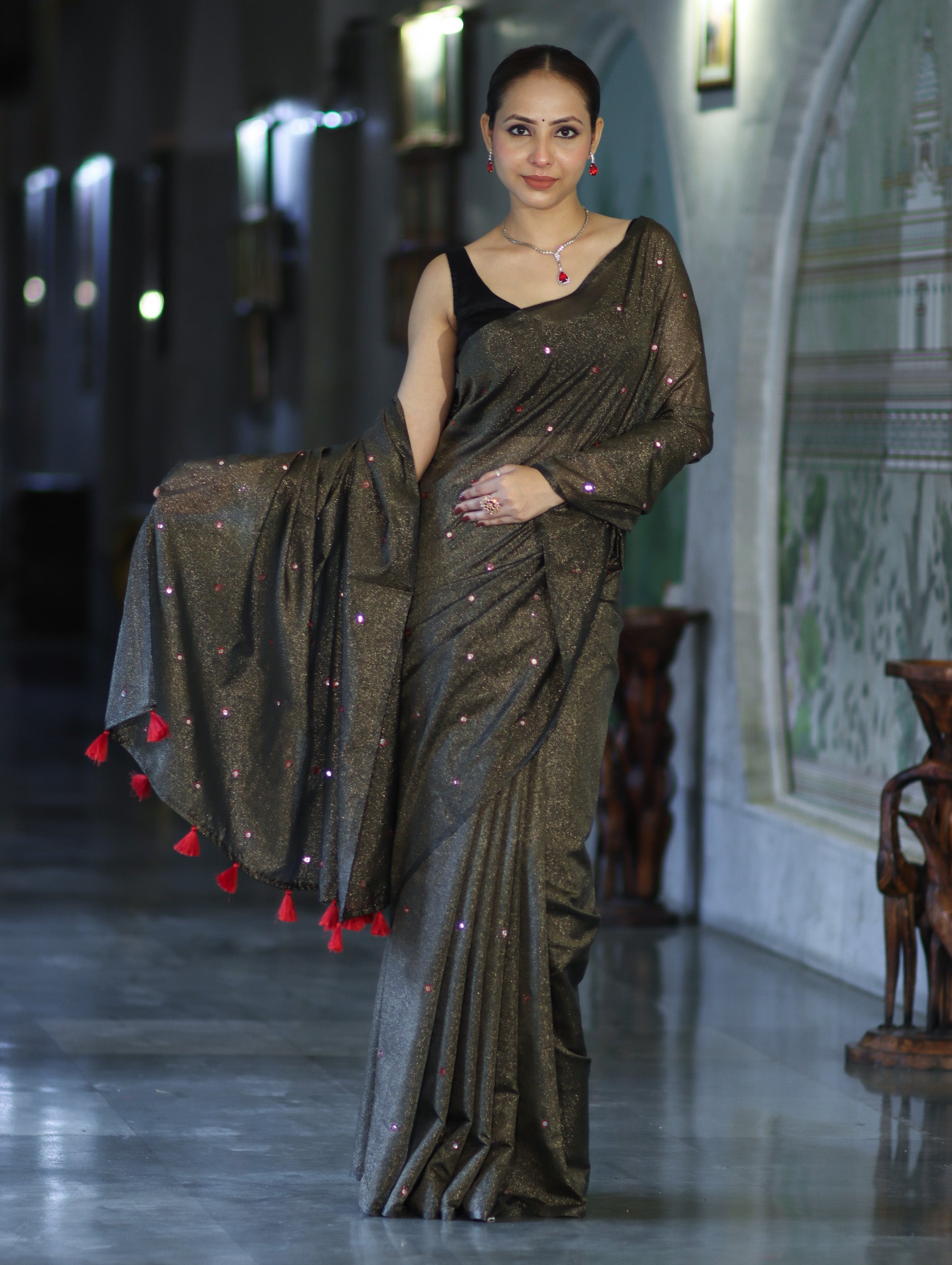 Banarasee Handwoven Semi Silk Shine Saree With Mirror Work-Black (Gold Tone)