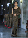 Banarasee Handwoven Semi Silk Shine Saree With Mirror Work-Black (Gold Tone)