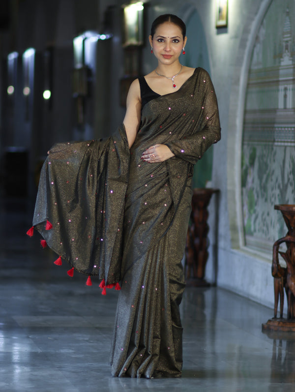 Banarasee Handwoven Semi Silk Shine Saree With Mirror Work-Black (Gold Tone)