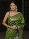 Banarasee Handwoven Semi Silk Saree With Zari Buti Design-Heena Green