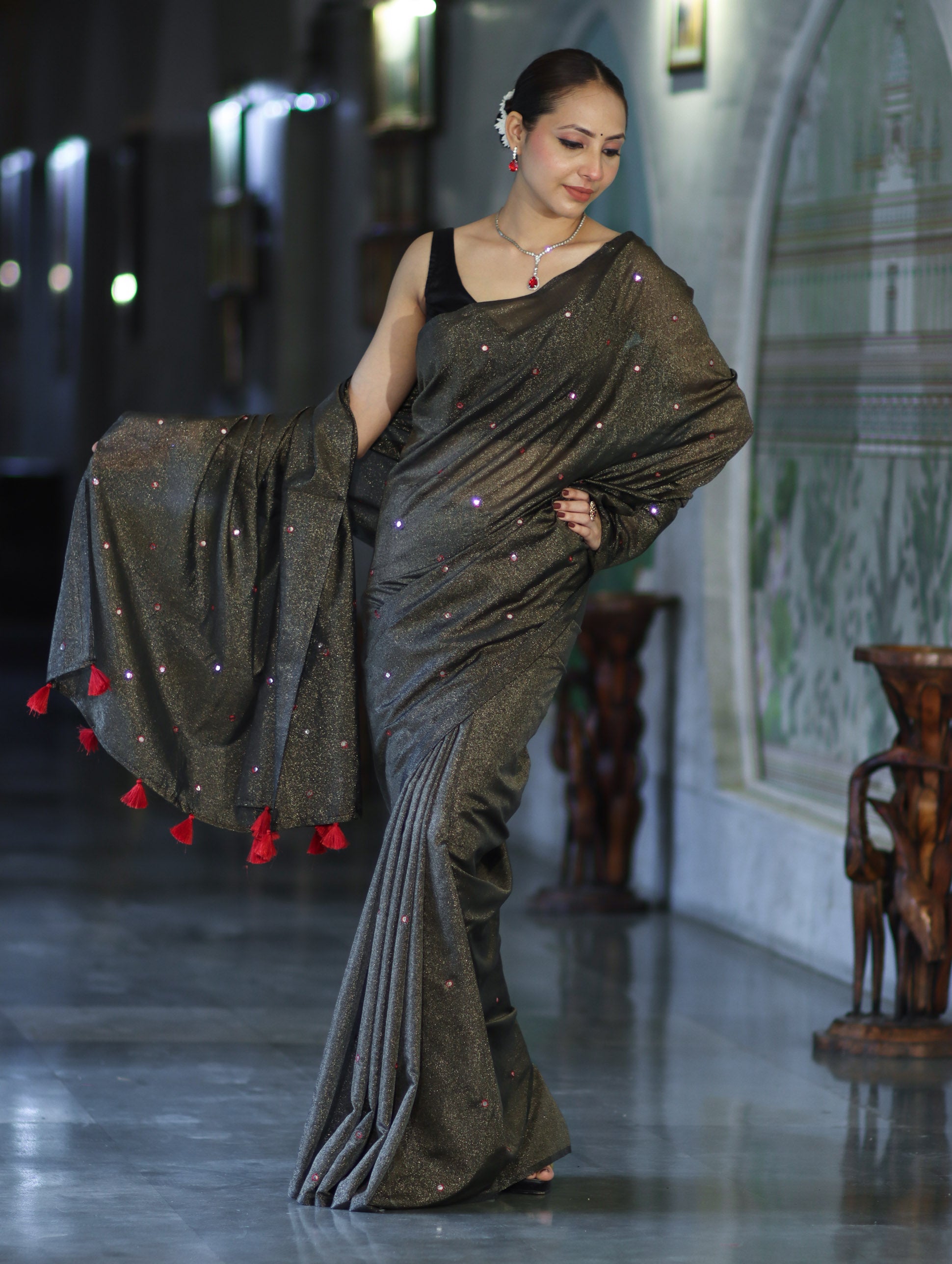Banarasee Handwoven Semi Silk Shine Saree With Mirror Work-Black (Gold Tone)