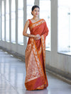 Banarasee Handloom Semi Silk Saree With Sona Rupa Zari Buti Design & Floral Border-Rust