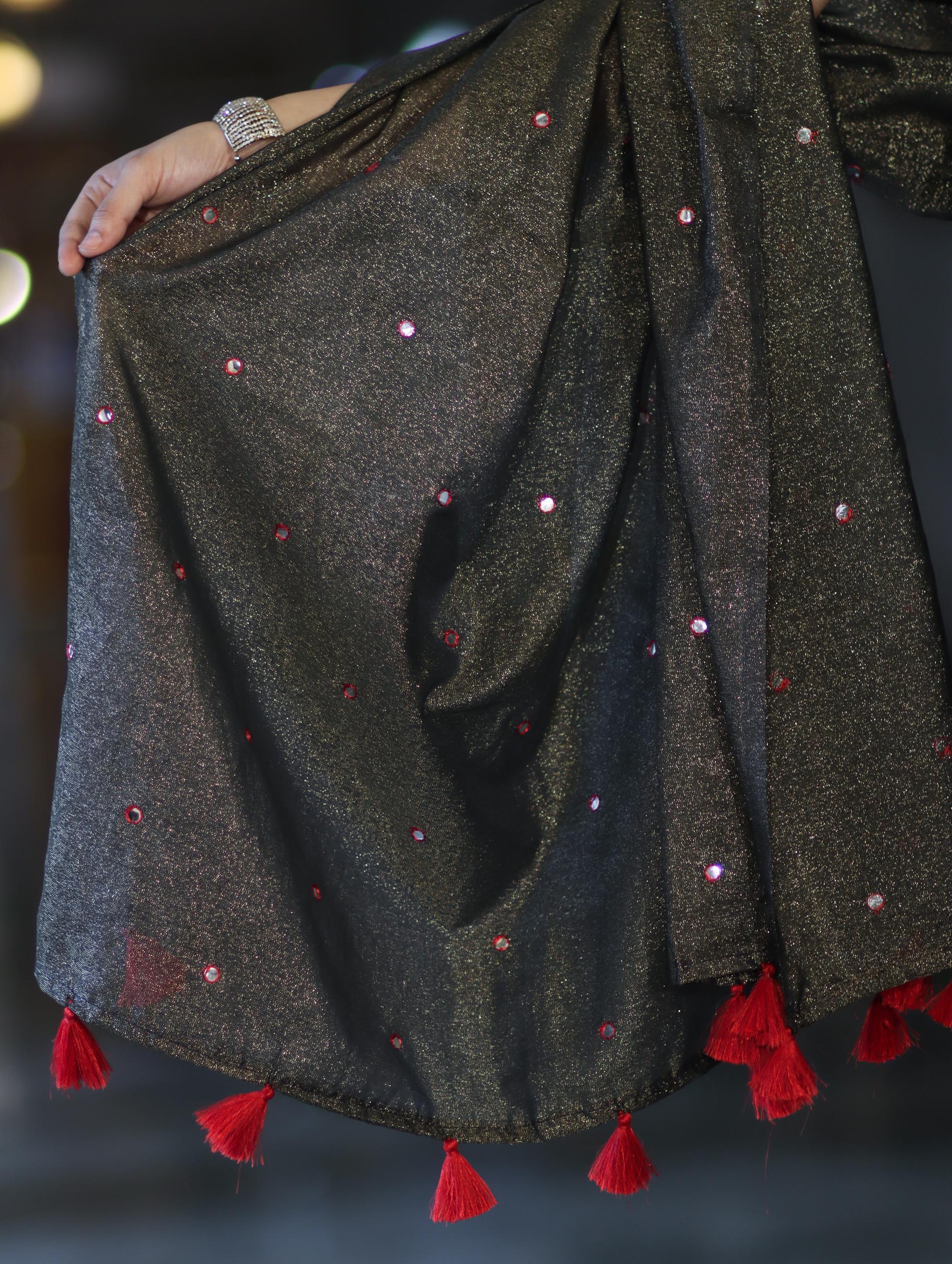 Banarasee Handwoven Semi Silk Shine Saree With Mirror Work-Black (Gold Tone)