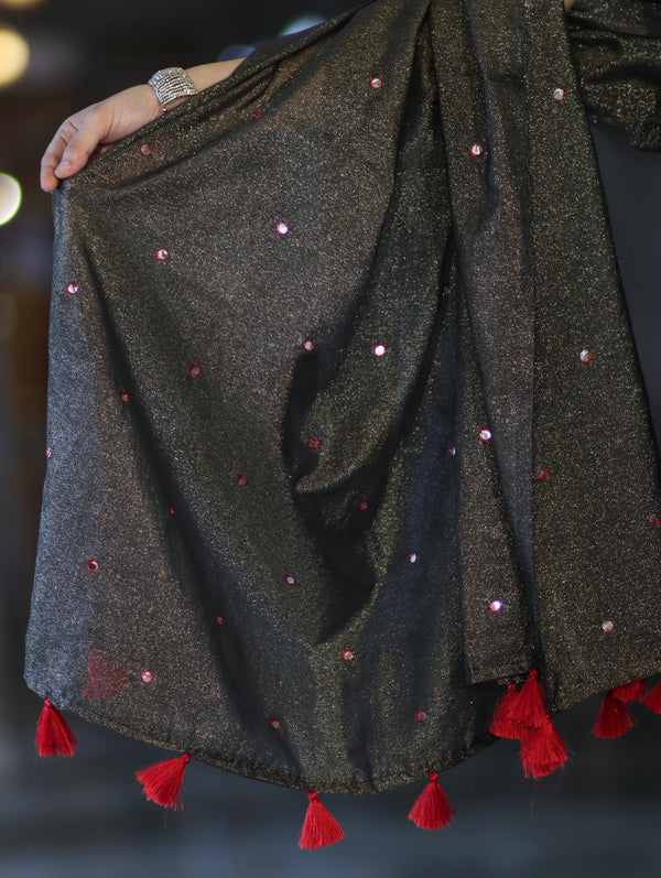 Banarasee Handwoven Semi Silk Shine Saree With Mirror Work-Black (Gold Tone)