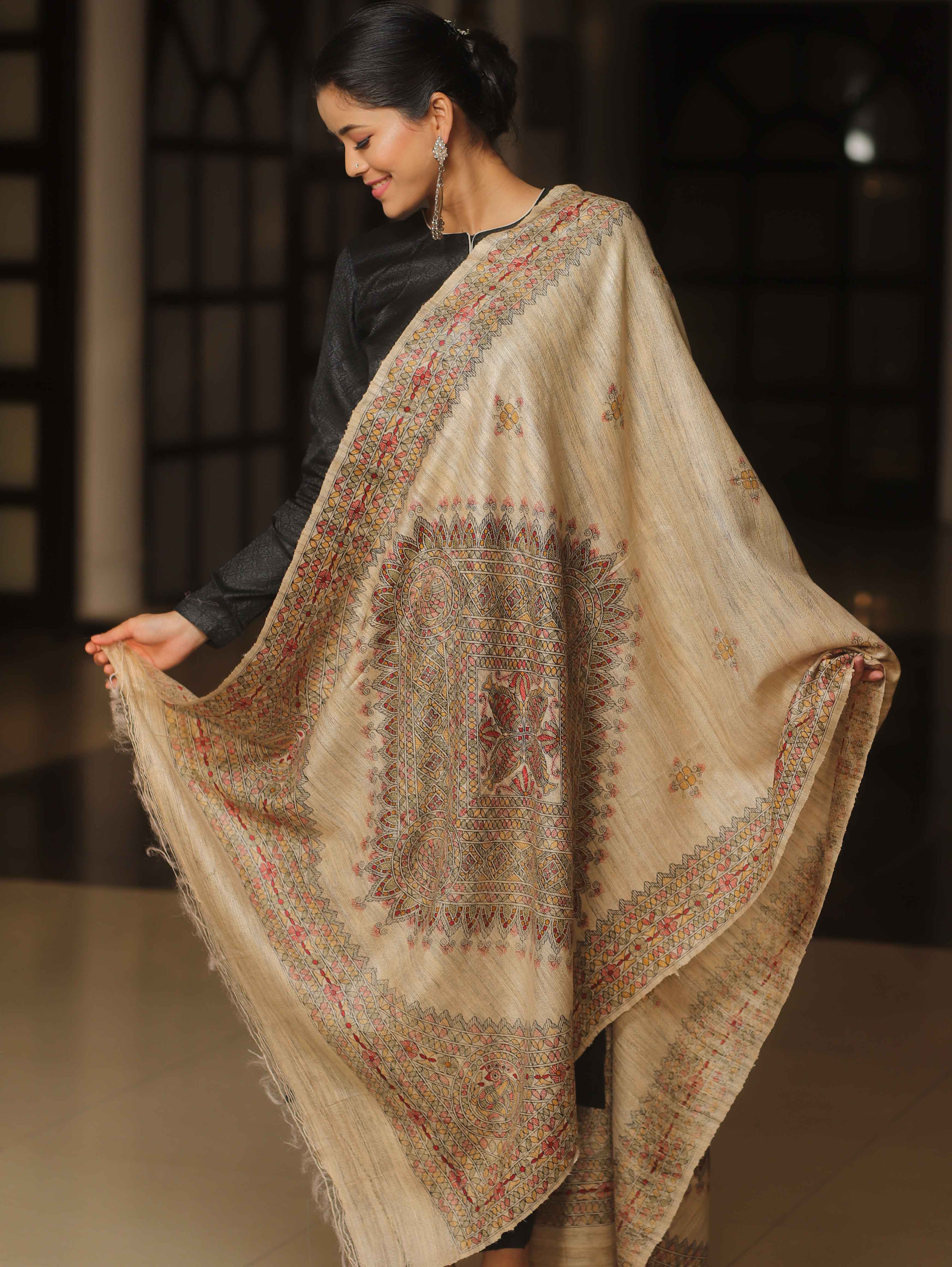 Banarasee Pure Desi Tussar Silk Block Print Dupatta-Beige
