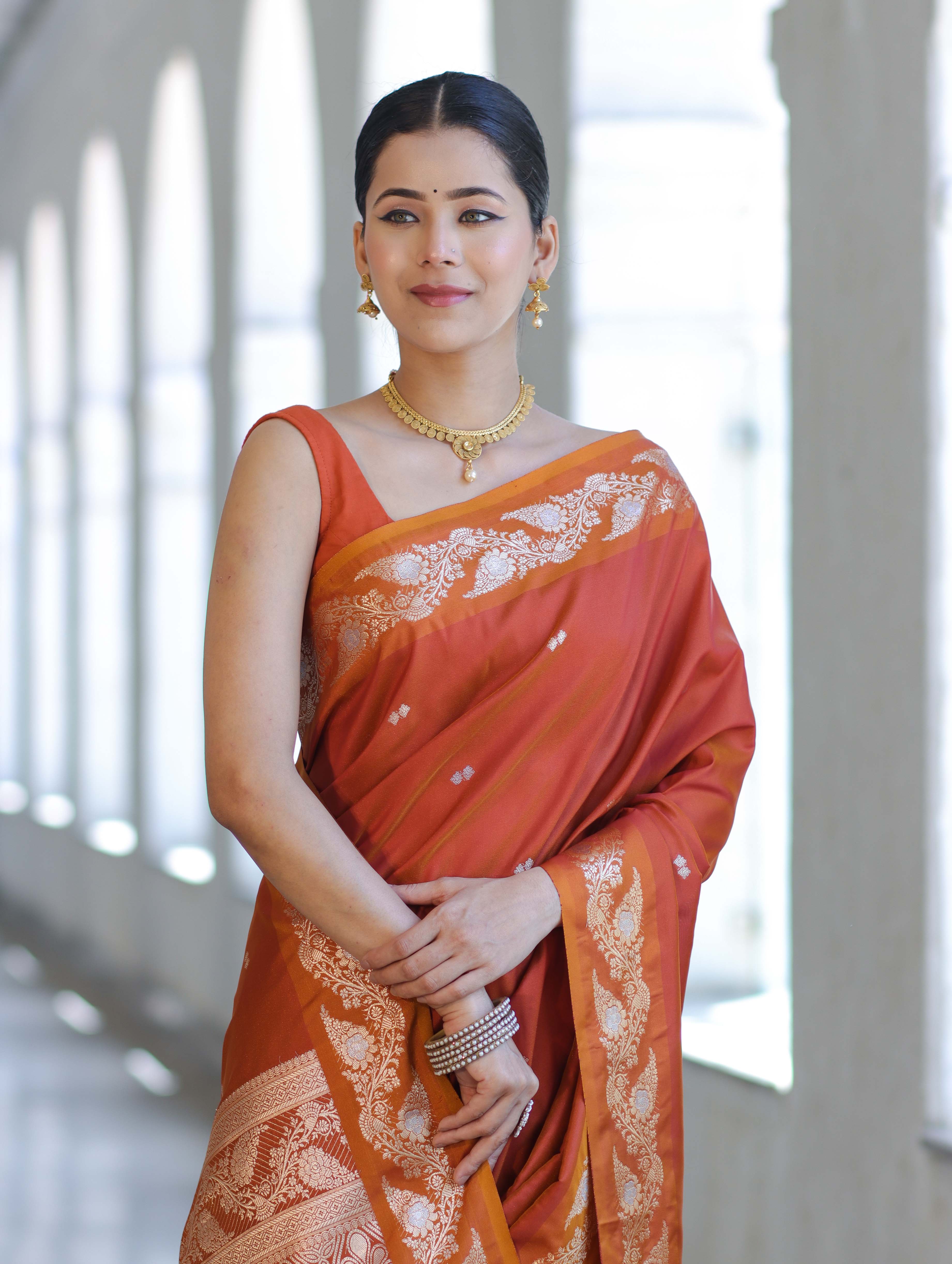 Banarasee Handloom Semi Silk Saree With Sona Rupa Zari Buti Design & Floral Border-Rust