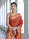 Banarasee Handloom Semi Silk Saree With Sona Rupa Zari Buti Design & Floral Border-Rust