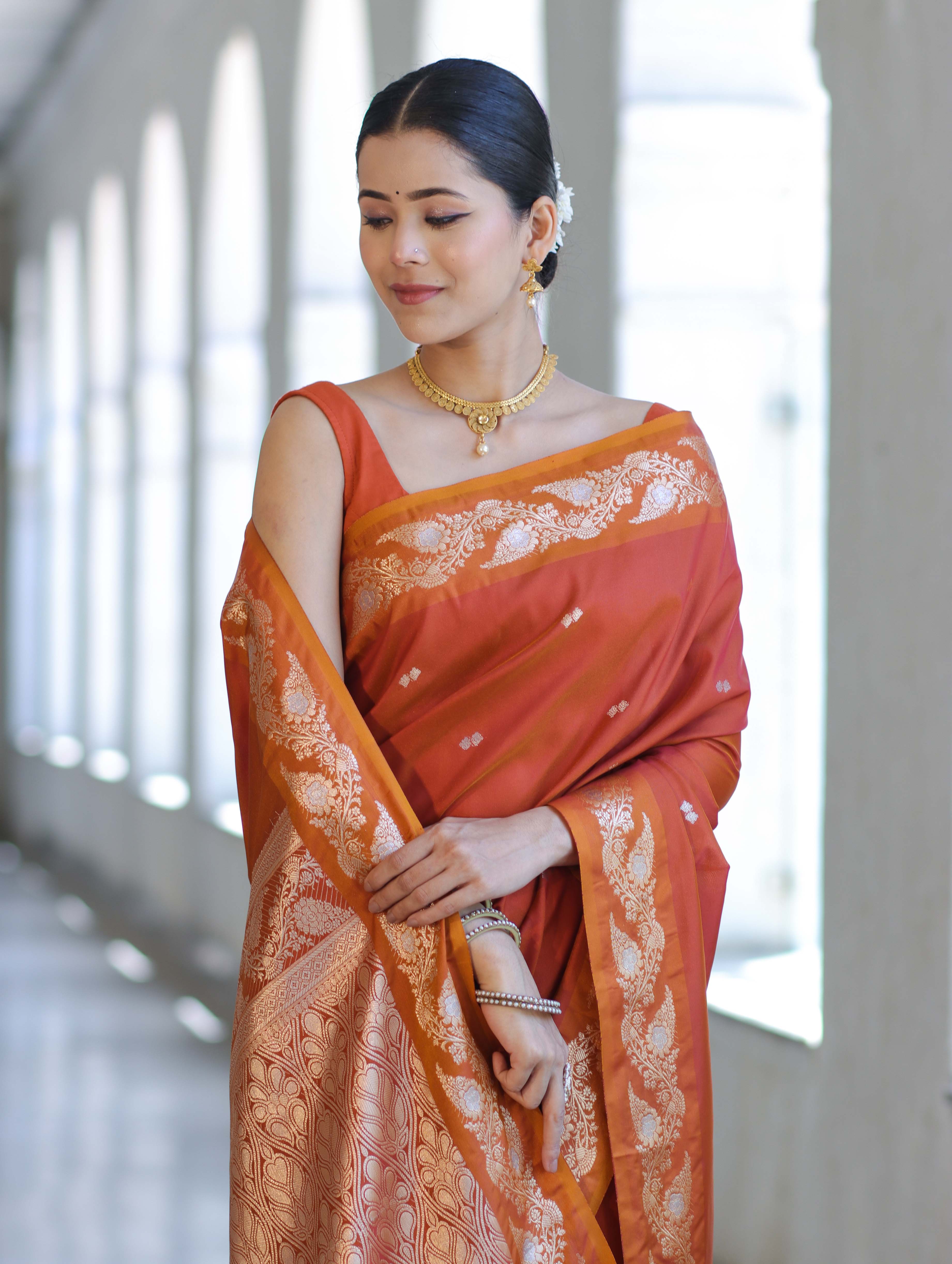Banarasee Handloom Semi Silk Saree With Sona Rupa Zari Buti Design & Floral Border-Rust