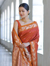 Banarasee Handloom Semi Silk Saree With Sona Rupa Zari Buti Design & Floral Border-Rust