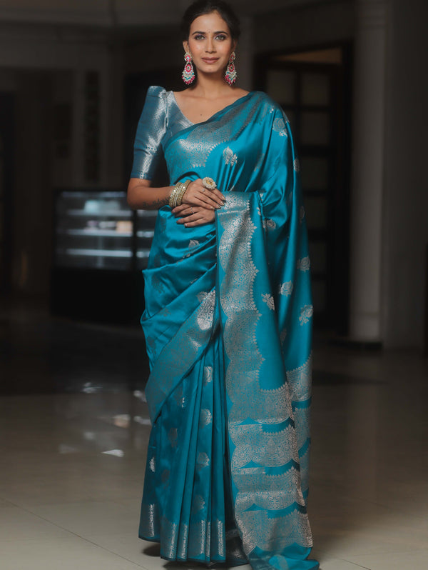 Banarasee Handwoven Semi Silk Saree With Zari Buti Design-Cobalt Blue