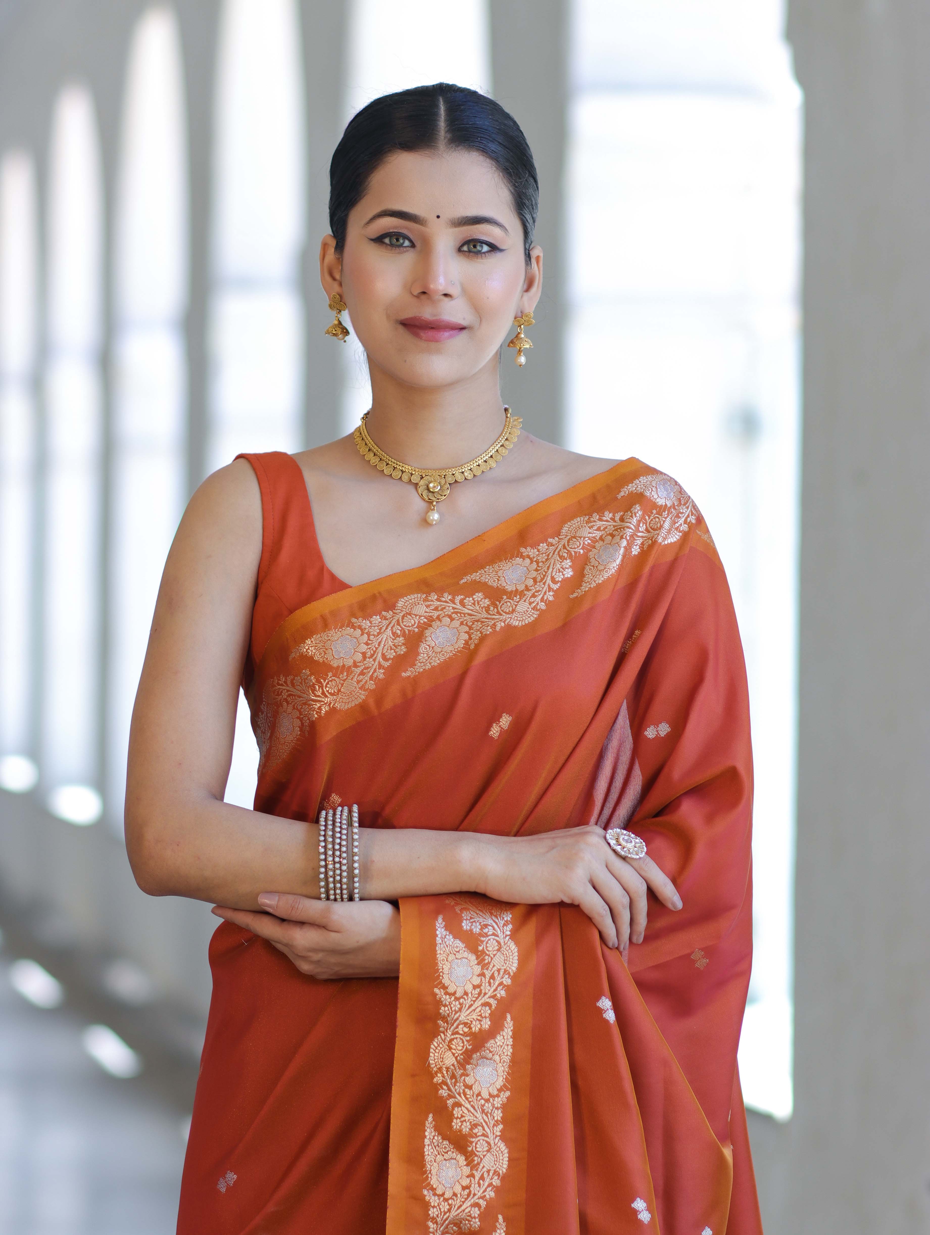 Banarasee Handloom Semi Silk Saree With Sona Rupa Zari Buti Design & Floral Border-Rust