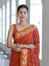Banarasee Handloom Semi Silk Saree With Sona Rupa Zari Buti Design & Floral Border-Rust