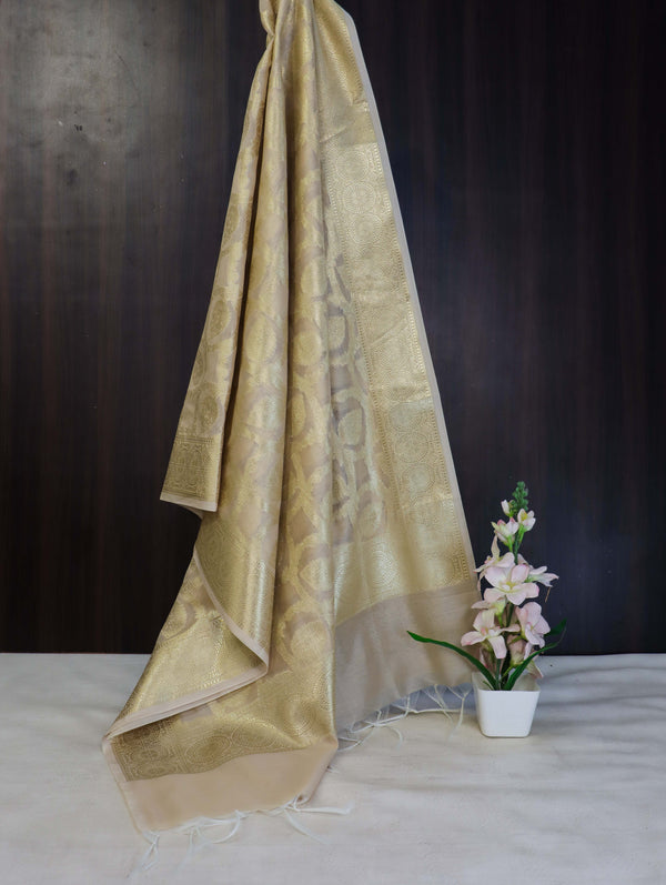 Banarasee Cotton Silk Dupatta With Zari Woven Jaal Design-Gold