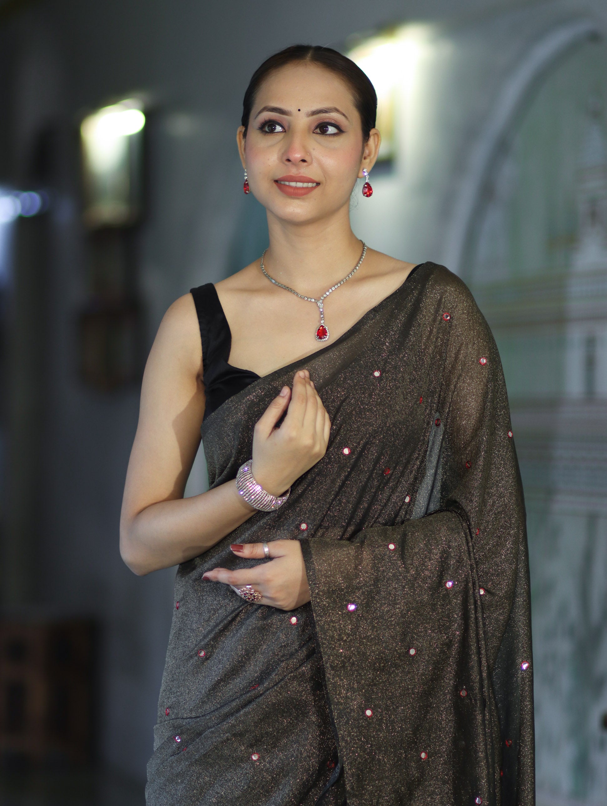 Banarasee Handwoven Semi Silk Shine Saree With Mirror Work-Black (Gold Tone)