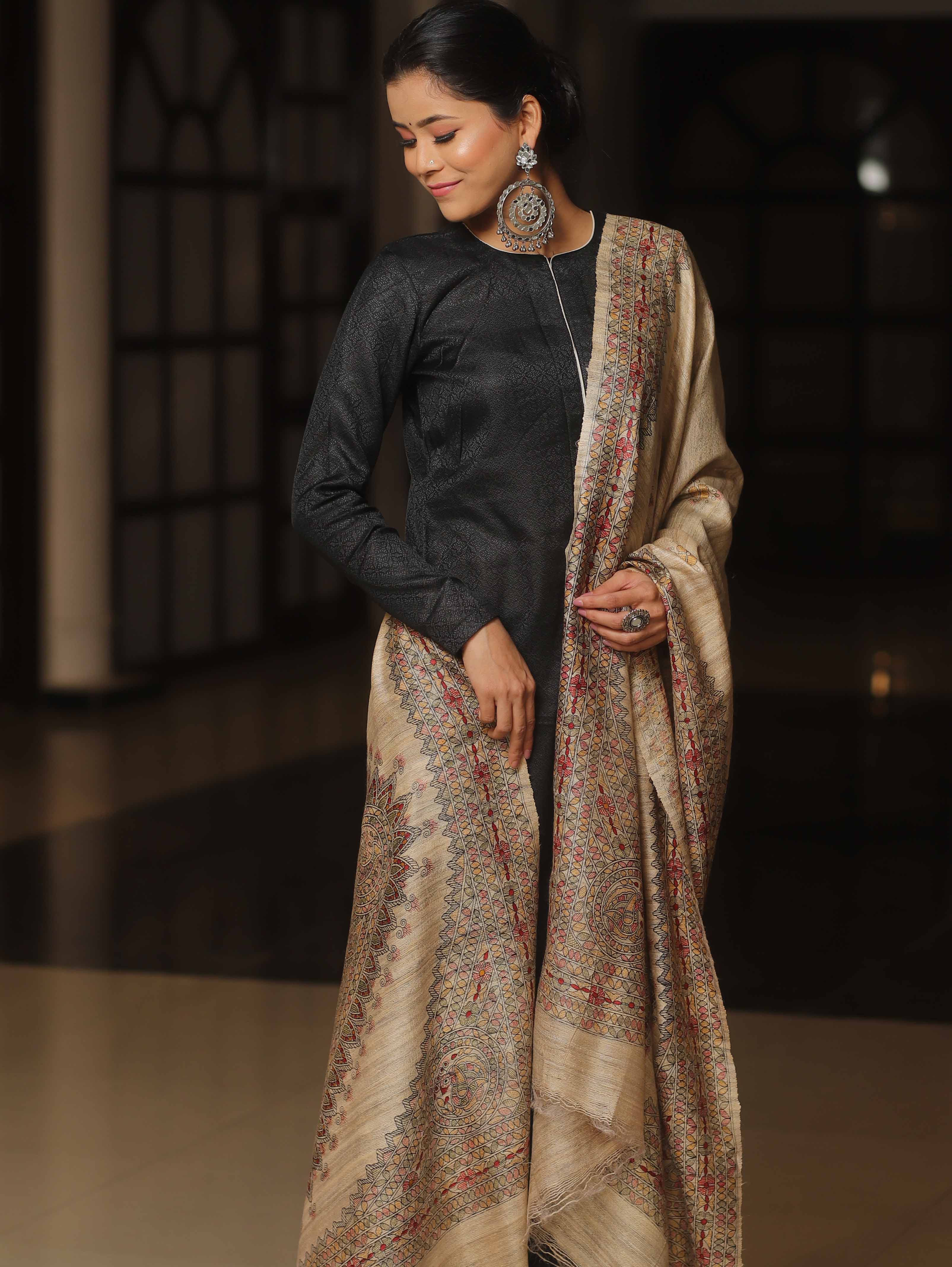 Banarasee Pure Desi Tussar Silk Block Print Dupatta-Beige