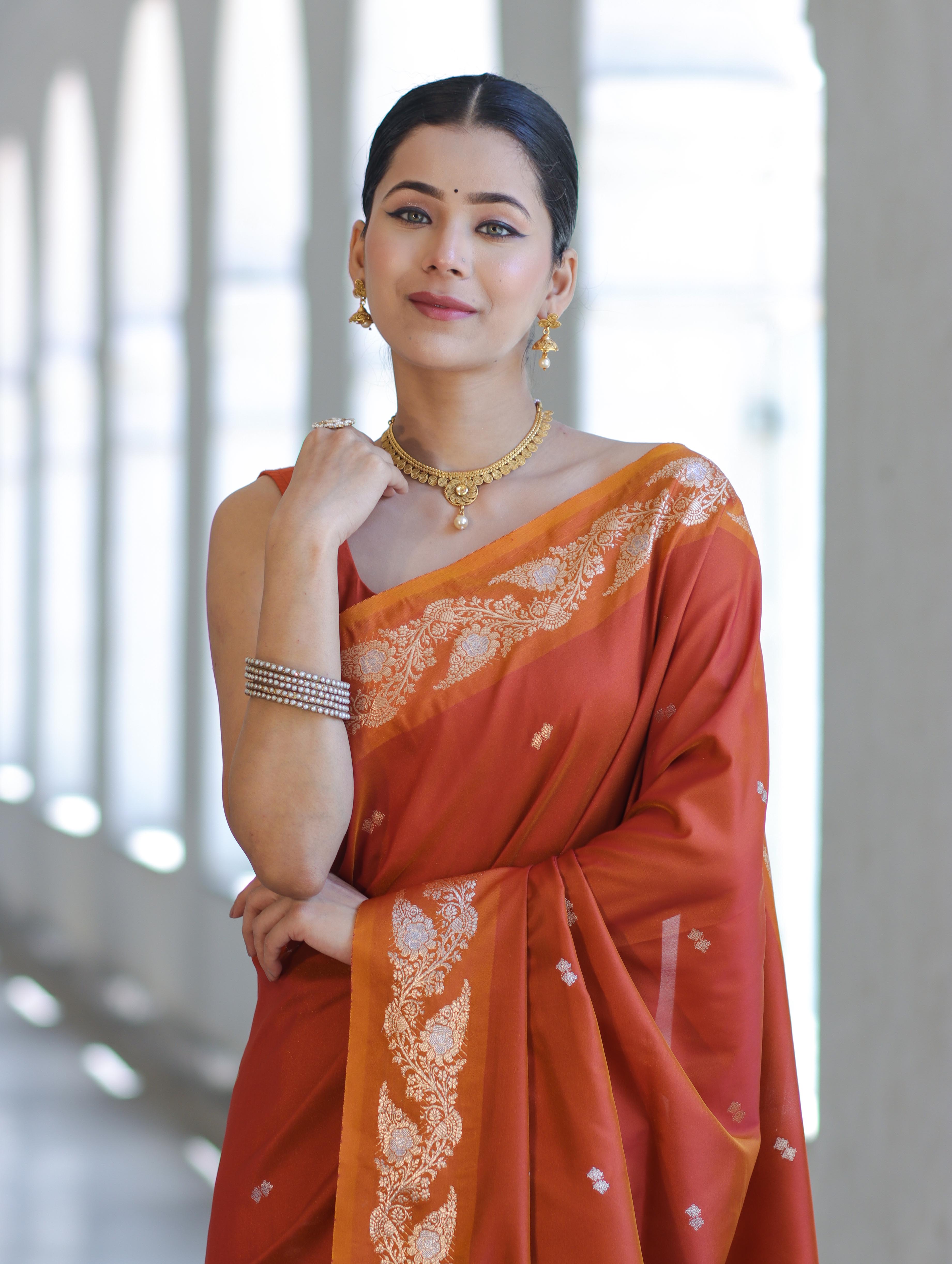 Banarasee Handloom Semi Silk Saree With Sona Rupa Zari Buti Design & Floral Border-Rust