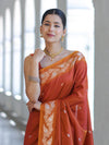 Banarasee Handloom Semi Silk Saree With Sona Rupa Zari Buti Design & Floral Border-Rust