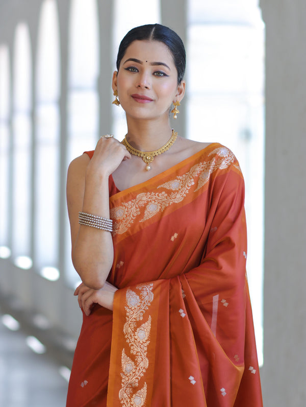 Banarasee Handloom Semi Silk Saree With Sona Rupa Zari Buti Design & Floral Border-Rust
