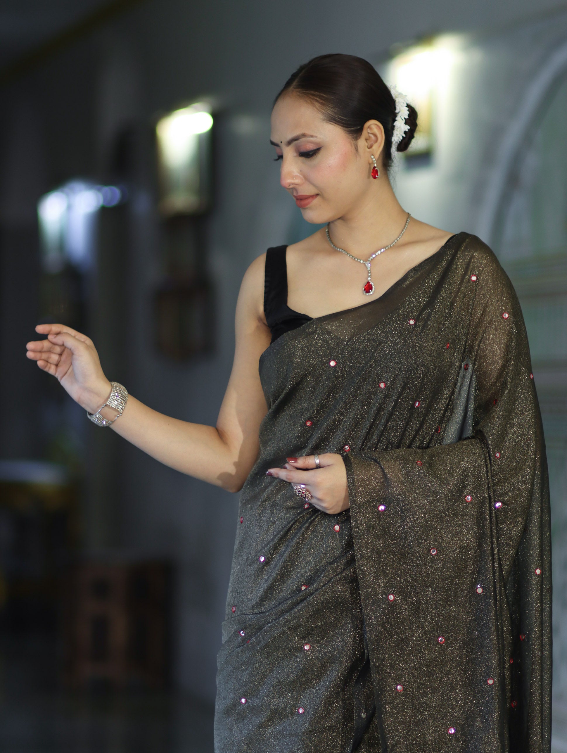 Banarasee Handwoven Semi Silk Shine Saree With Mirror Work-Black (Gold Tone)